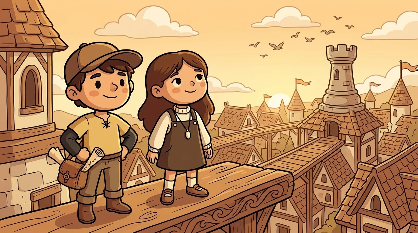 Gable (thoughtful expression, grey-blue tunic, brown hair, rope coil at hip, looking down at the streets below) and Garrett (dreamy expression, similar grey-blue tunic with a lighter scarf, looking up at the clouds with one hand shading his eyes) walking the connected rooftops of a northern hill town at twilight. Tiled roofs sloping in all directions, distant chimneys, lavender twilight sky with first stars appearing. Gable in mid-stride; Garrett pausing.