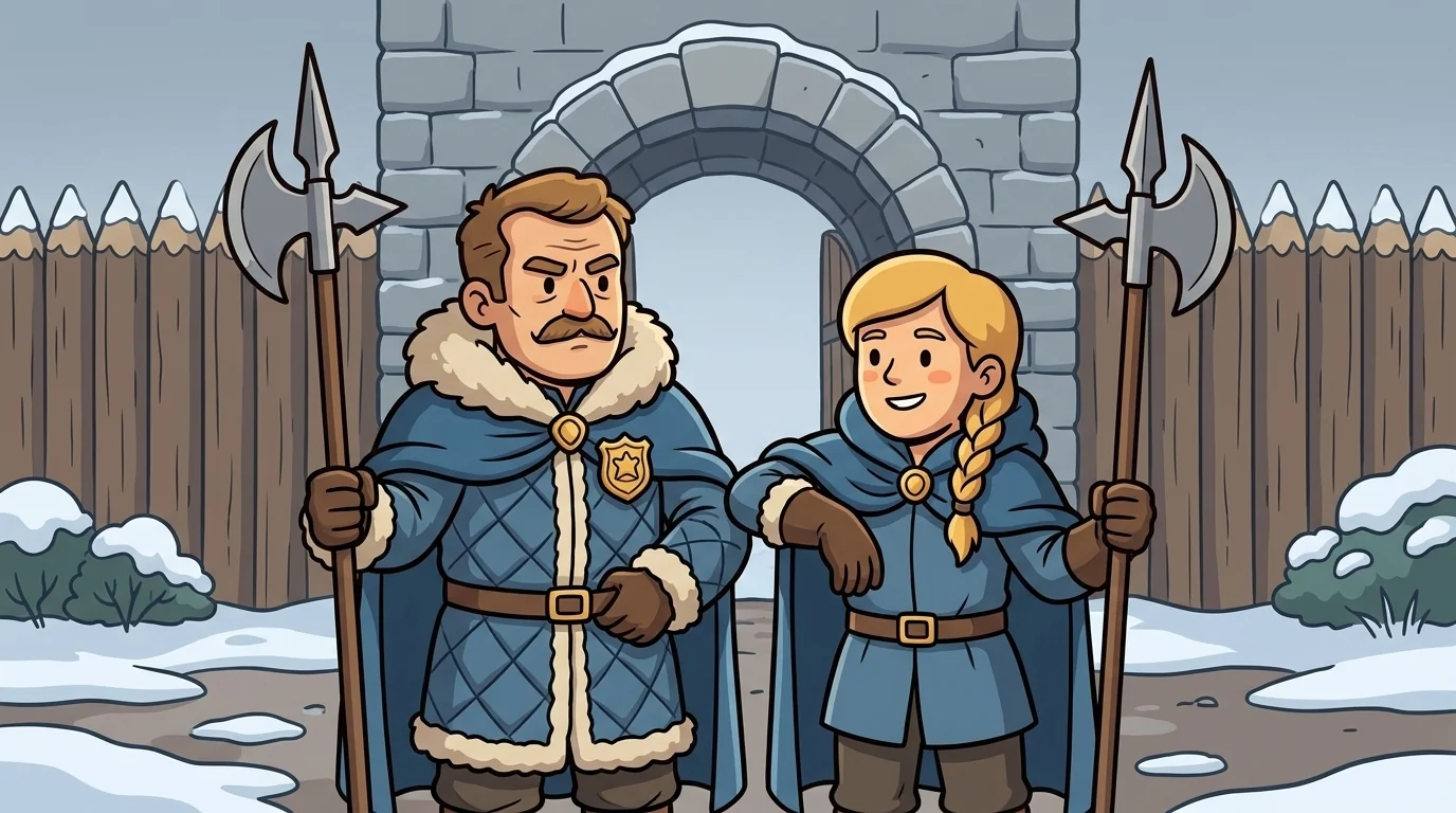 Steg (older, solid, slightly grim, moustached) and Sten (six months younger, brighter expression, blonde braid) standing watch at an eastern border-crossing outpost in winter. Stone gate behind them, wooden palisade, snow on the ground, bundled in blue cloaks with the gold patrol badge, holding halberds upright. Steg rigid; Sten with one elbow leaning easily on her halberd. Cold gray sky.