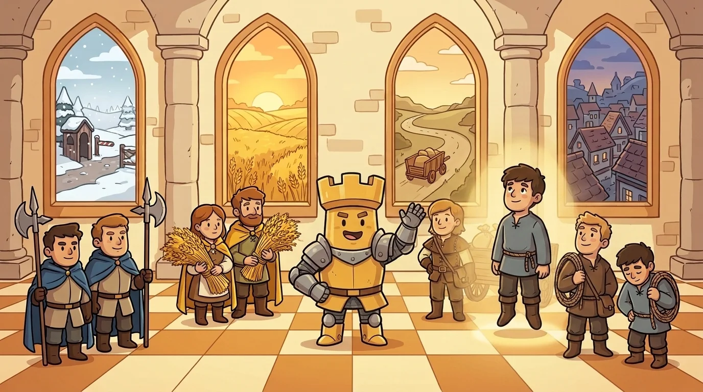 Full cohort gathered at the eighth rank of a chessboard. One pawn — Gable — has reached the far rank and stands taller, transformed mid-promotion, his grey-blue tunic now haloed by soft gold light. The rest of the cohort (Castle center, Steg + Sten flanking, Sienna + Bran beside them, Trotter + Trundle next to them, Garrett standing slightly back with a proud expression) all paused mid-action looking at Gable. Captain Castle has his hand raised slightly in welcome. Warm amber light suffuses the whole scene.
