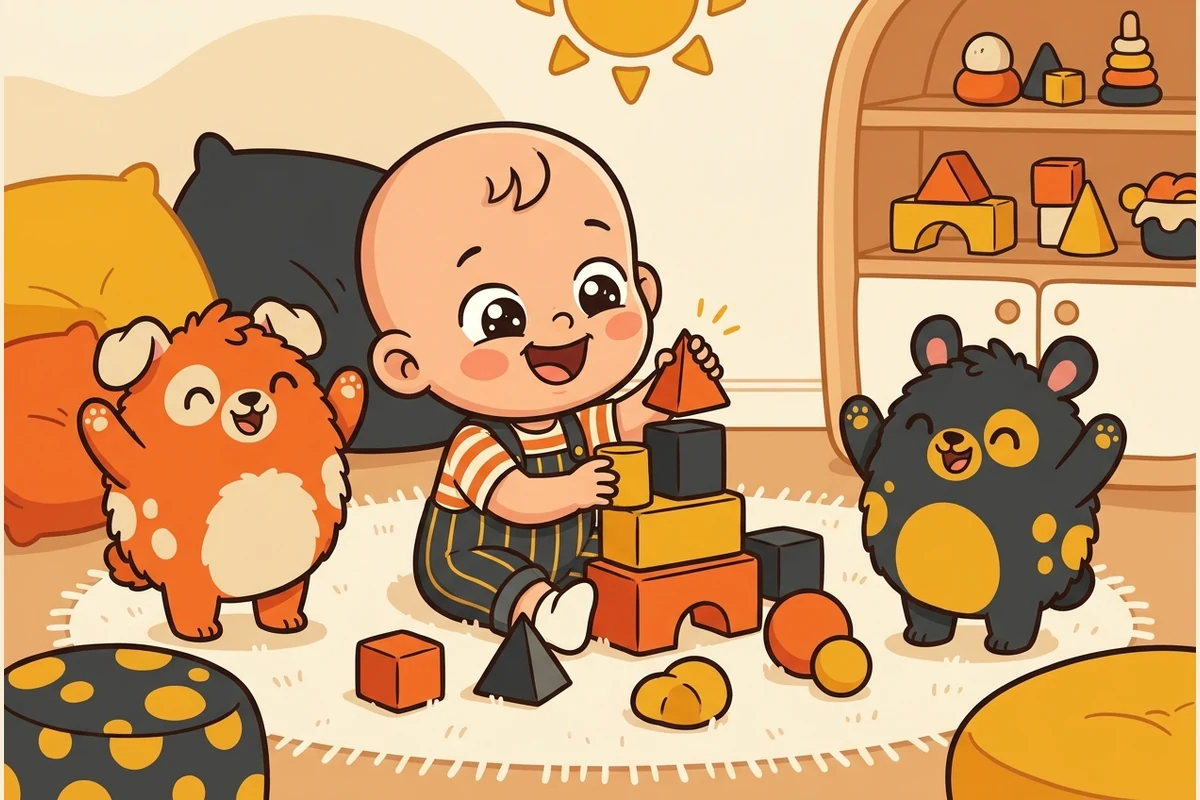 A happy toddler playing with big, bright building blocks on the floor while two round, cartoon-cute creatures cheer along.