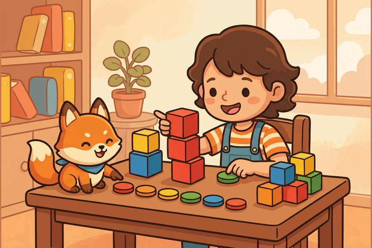 An early-elementary child building with colorful wooden cubes and counting tokens on a table, guided by a friendly cartoon helper character.