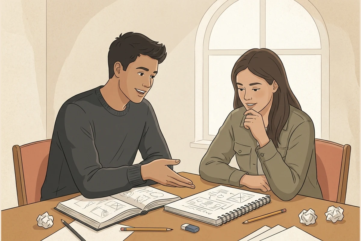 Two teenagers at a table, one explaining an idea to the other by gesturing at a hand-drawn diagram in an open notebook, the second following along with a look of understanding — teaching a peer is the practice.