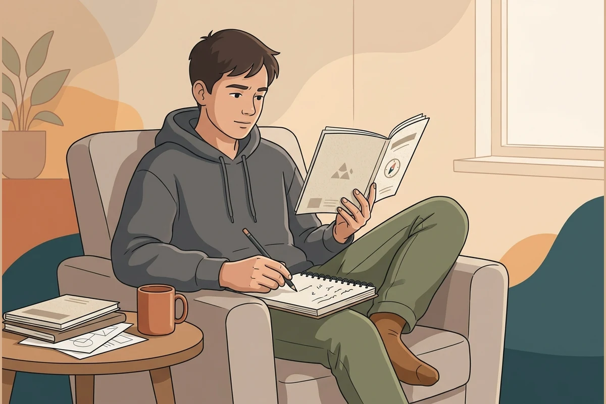 A teenager reading a printed real-world case booklet and jotting notes in a journal.