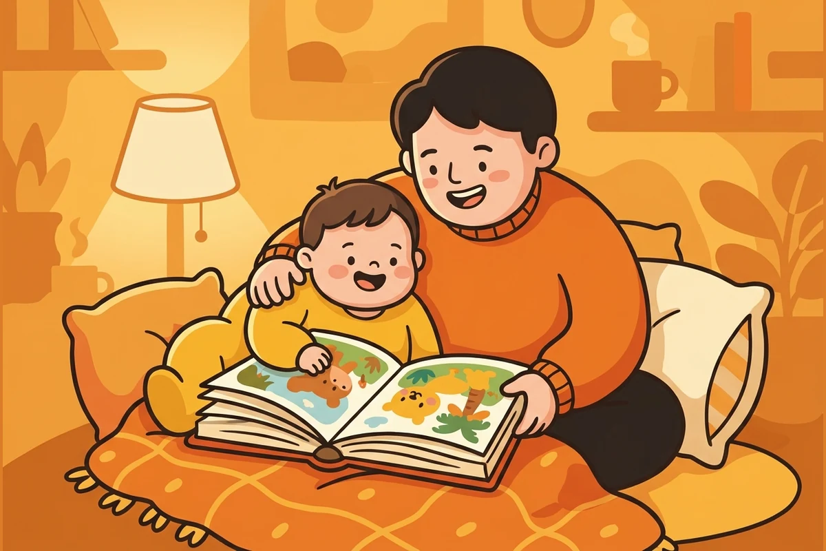 A grown-up and a toddler snuggled together, reading a colorful picture book aloud.