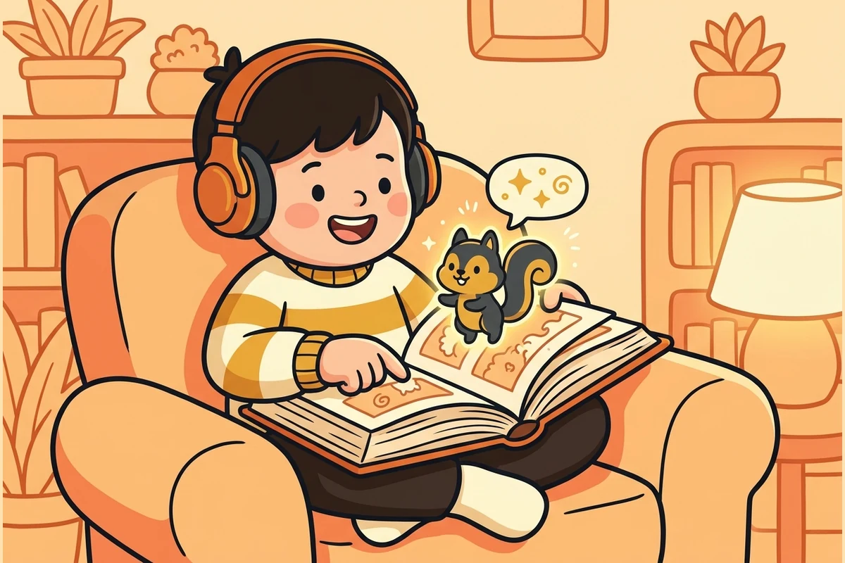 A young reader following along in an illustrated chapter book while listening on headphones.