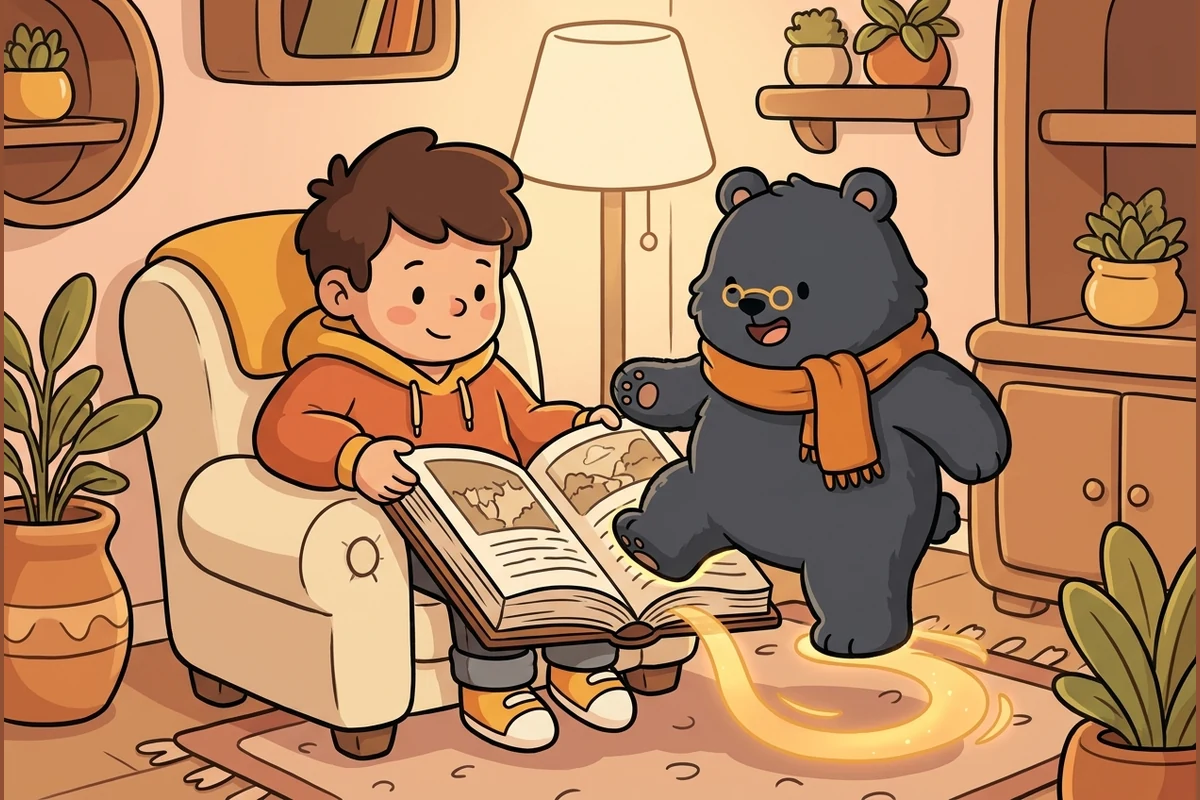 A tween absorbed in an illustrated cast chapter book, a character seeming to step off the page.